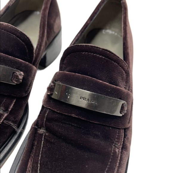 Prada | Y2K 90’s Vintage Brown Velvet Square Toe Chunky Logo Loafers 35.5 - Picture 4 of 12